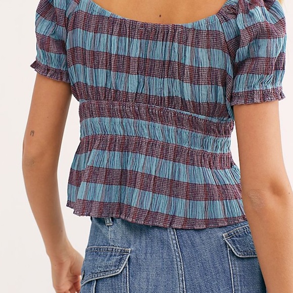 FREE PEOPLE VIVI COTTON CROPPED SMOCKED STRIPED CROP TOP IN BLUE/RED SZ. S , L - Picture 3 of 16